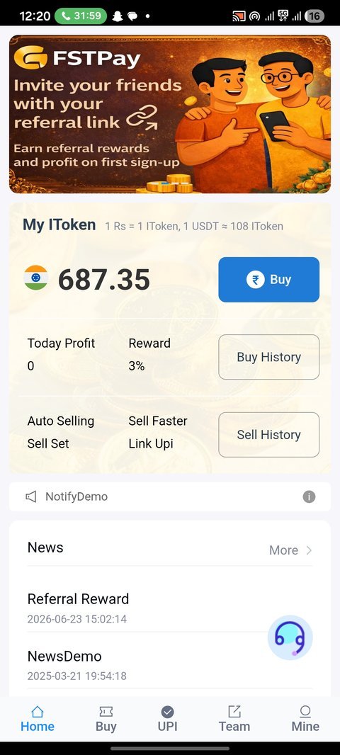 FstPay Home screen – My IToken balance and Buy